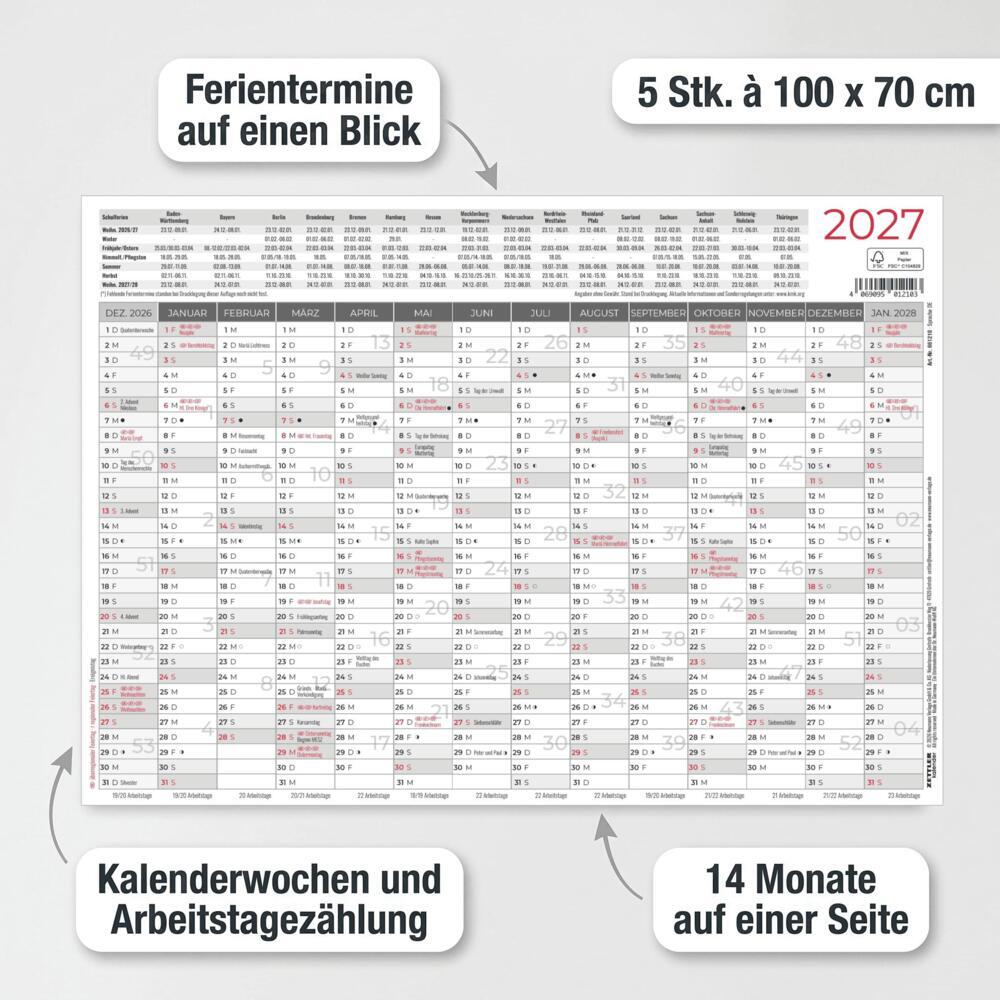 Weitere Ansicht: Großer Wandplaner 14 Monate 5 Stk. gerollt 2027 | Neumann Verlage GmbH & Co. KG