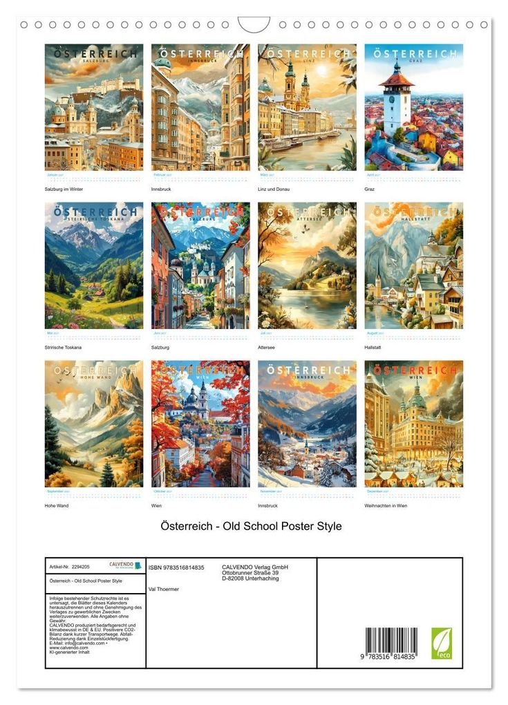Weitere Ansicht: Österreich - Old School Poster Style (Wandkalender 2027 DIN A3 hoch), CALVENDO Monatskalender | Calvendo, Val Thoermer