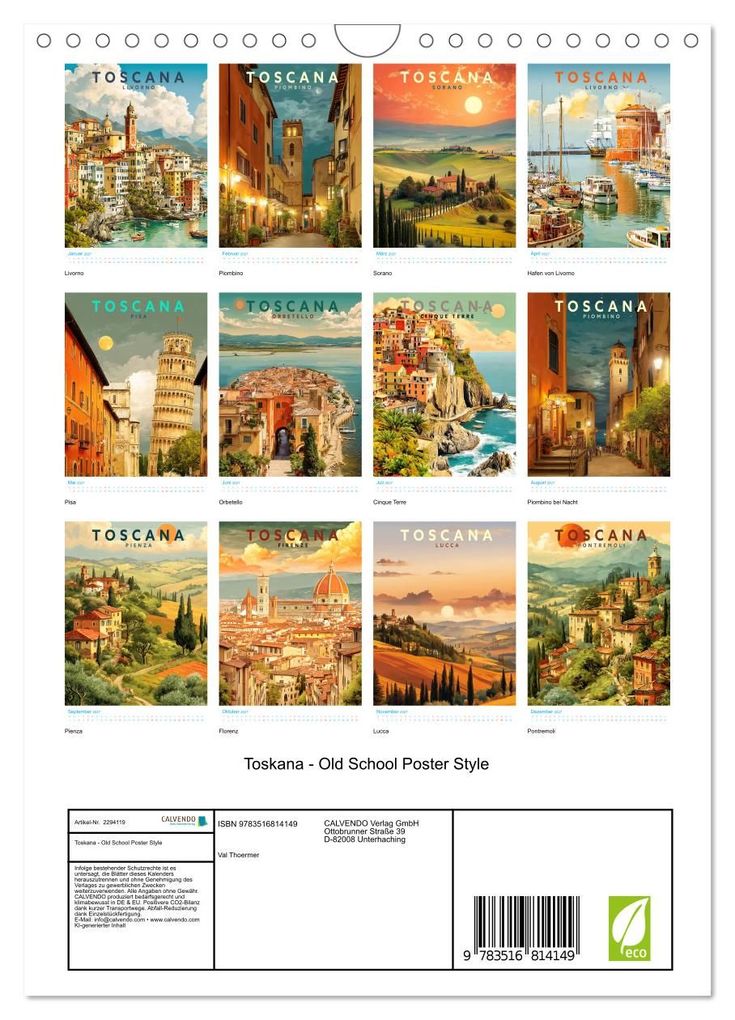 Weitere Ansicht: Toskana - Old School Poster Style (Wandkalender 2027 DIN A4 hoch), CALVENDO Monatskalender | Calvendo, Val Thoermer