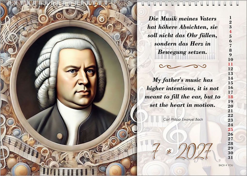 Weitere Ansicht: Johann-Sebastian-Bach-Zitate-Kalender, ein Musik-Kalender 2027, DIN A3 | Peter Bach jr.