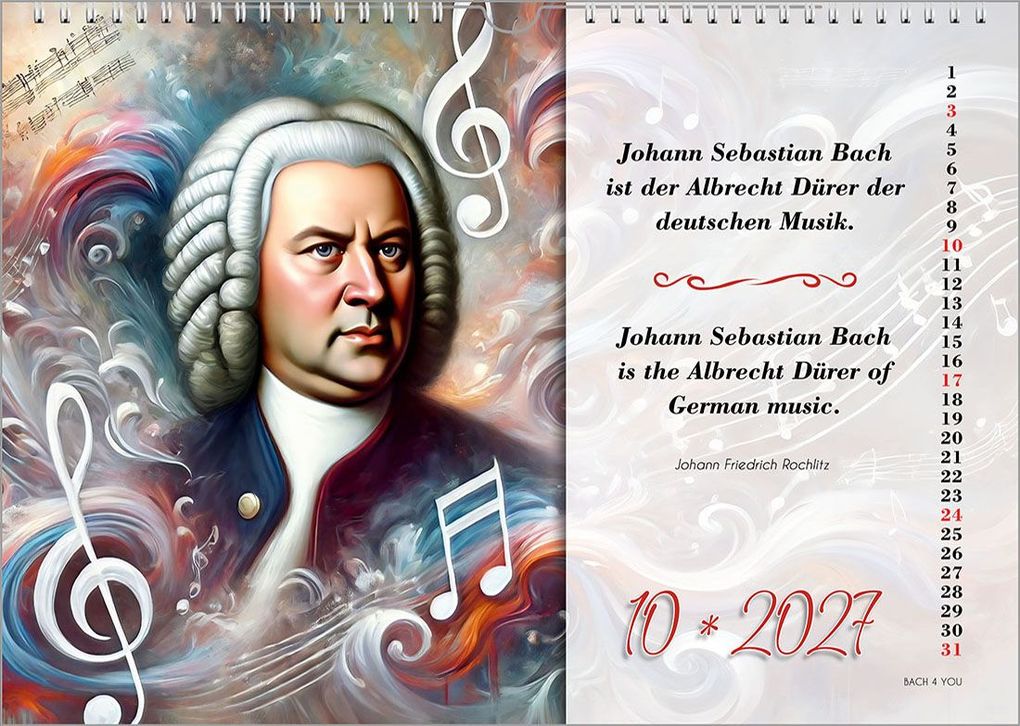 Weitere Ansicht: Johann-Sebastian-Bach-Zitate-Kalender, ein Musik-Kalender 2027, DIN A3 | Peter Bach jr.