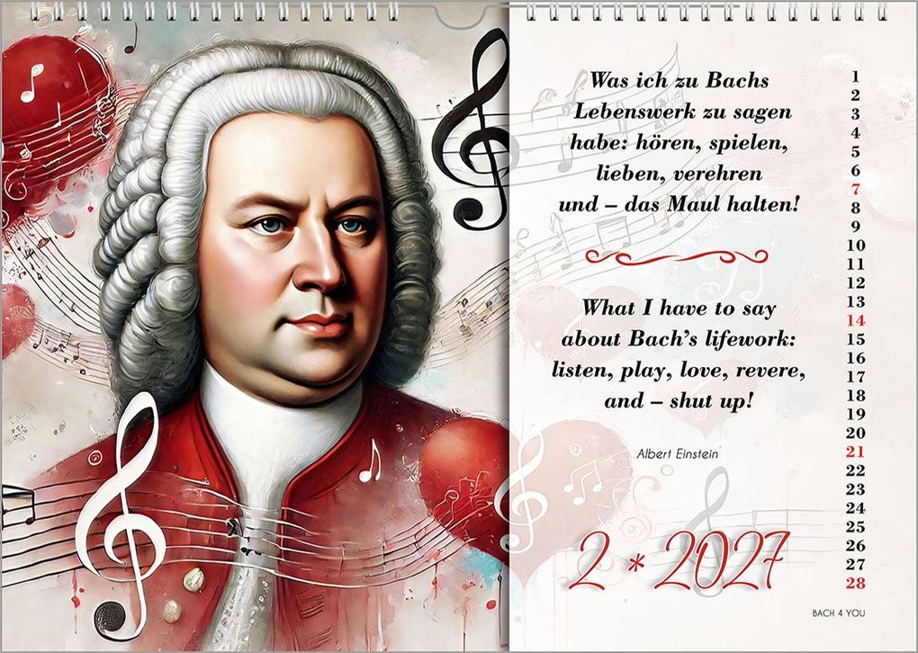 Weitere Ansicht: Johann-Sebastian-Bach-Zitate-Kalender, ein Musik-Kalender 2027, DIN A4 | Peter Bach jr.
