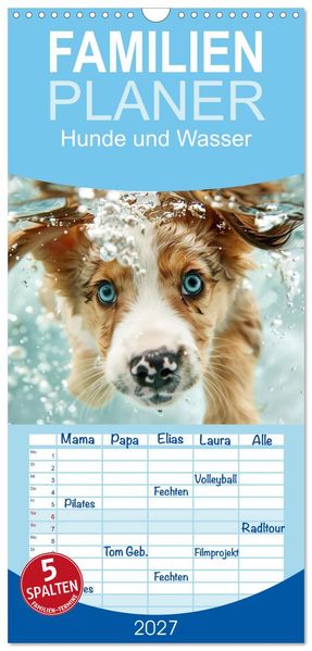 Produktbild: Familienplaner 2027 - Hunde und Wasser mit 5 Spalten (Wandkalender, 21 x 45 cm) CALVENDO | Daniela Tapper, Calvendo