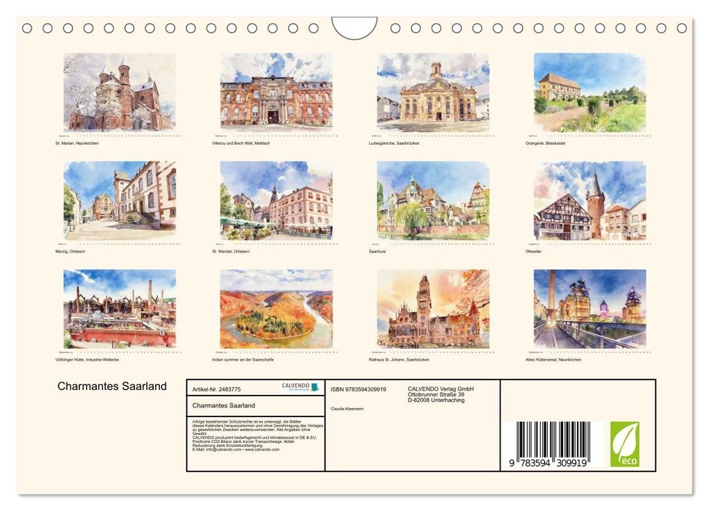 Weitere Ansicht: Charmantes Saarland (Wandkalender 2027 DIN A4 quer), CALVENDO Monatskalender | Claudia Kleemann, Calvendo
