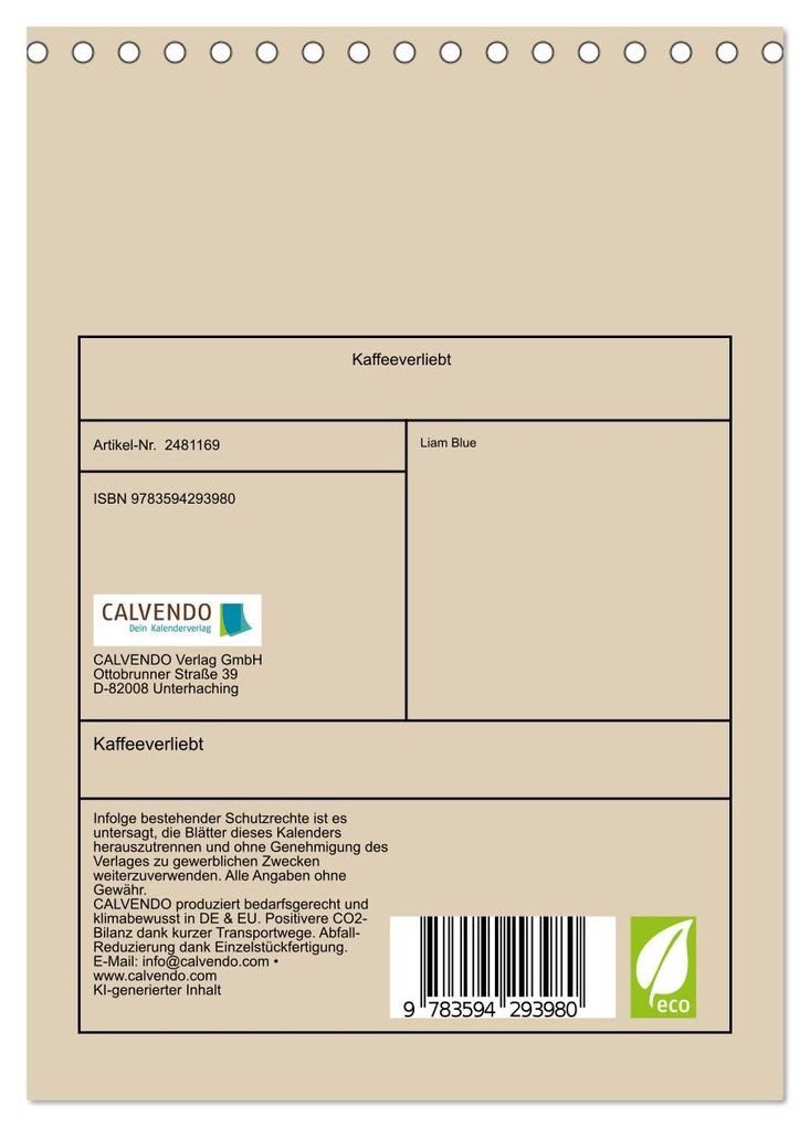 Weitere Ansicht: Kaffeeverliebt (Tischkalender 2027 DIN A5 hoch), CALVENDO Monatskalender | Liam Blue, Calvendo