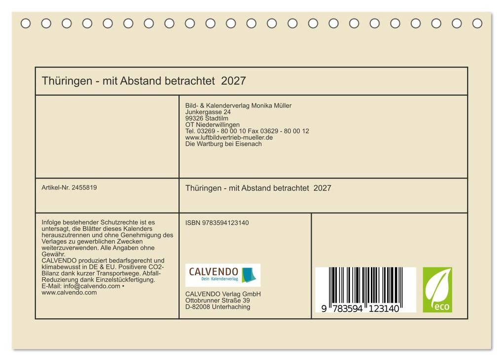 Weitere Ansicht: Thüringen - mit Abstand betrachtet 2027 (Tischkalender 2027 DIN A5 quer), CALVENDO Monatskalender | Monika Müller, Calvendo