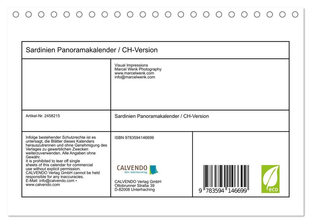 Weitere Ansicht: Sardinien Panoramakalender / CH-Version (Tischkalender 2027 DIN A5 quer), CALVENDO Monatskalender | Marcel Wenk, Calvendo