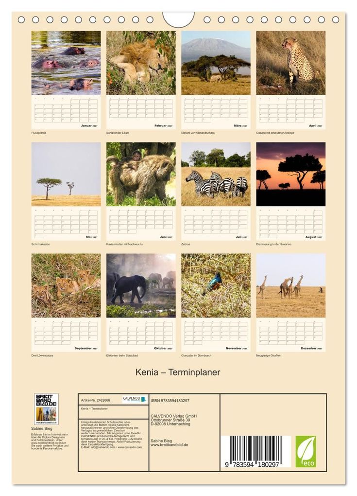 Weitere Ansicht: Kenia - Terminplaner (Wandkalender 2027 DIN A4 hoch), CALVENDO Monatskalender | Sabine Bieg, Calvendo