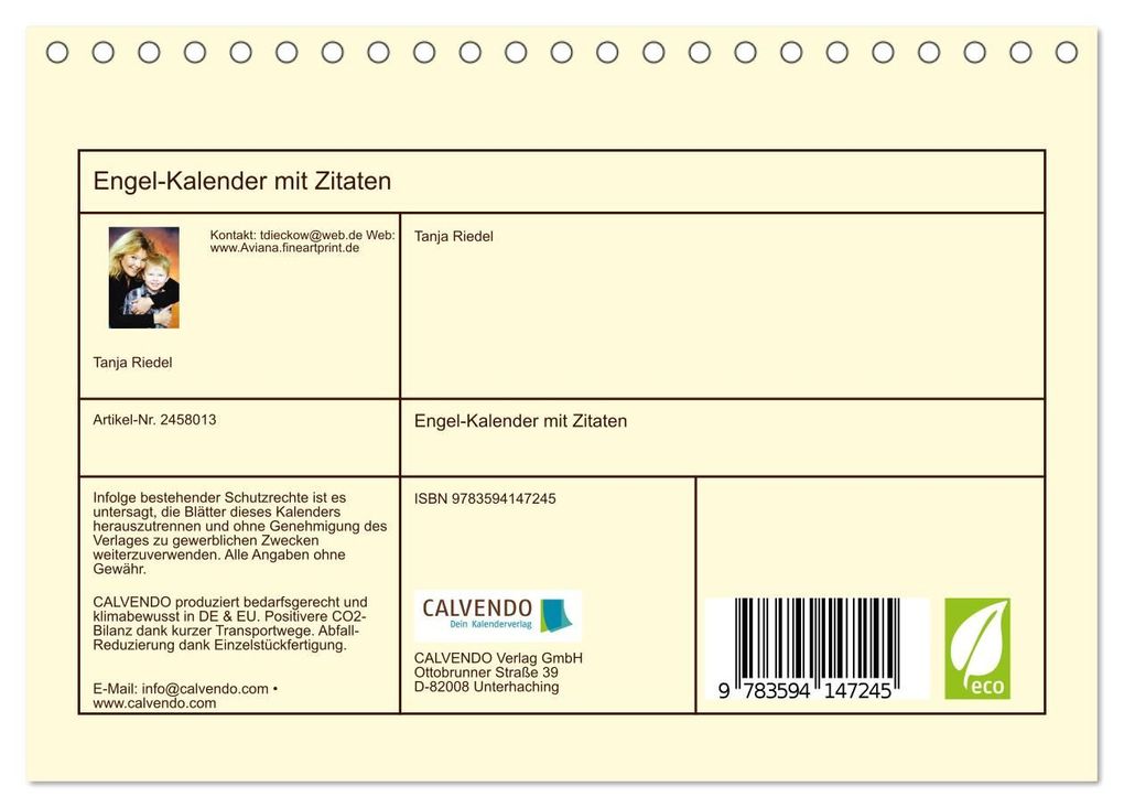 Weitere Ansicht: Engel-Kalender mit Zitaten (Tischkalender 2027 DIN A5 quer), CALVENDO Monatskalender | Tanja Riedel, Calvendo