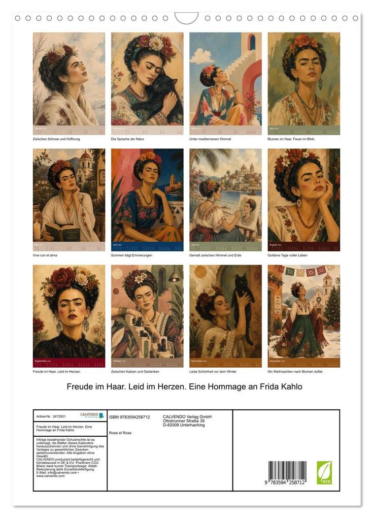 Weitere Ansicht: Freude im Haar. Leid im Herzen. Eine Hommage an Frida Kahlo (Wandkalender 2027 DIN A3 hoch), CALVENDO Monatskalender | Rose el Rose, Calvendo