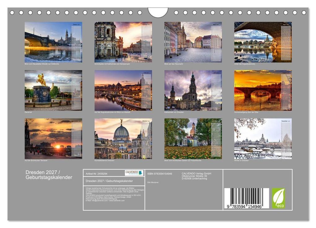 Weitere Ansicht: Dresden 2027 / Geburtstagskalender (Wandkalender 2027 DIN A4 quer), CALVENDO Monatskalender | Dirk Meutzner, Calvendo