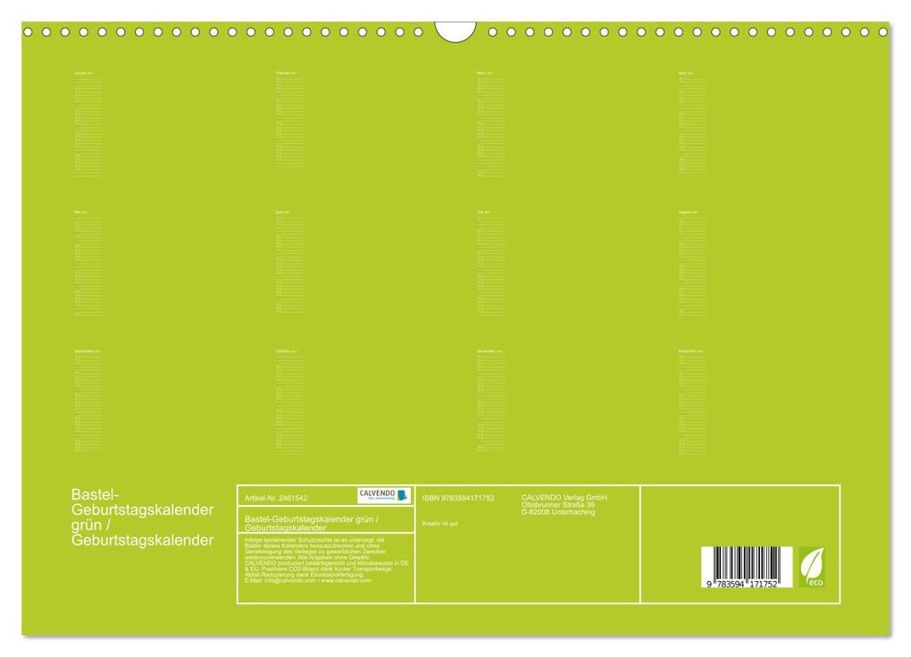 Weitere Ansicht: Bastel-Geburtstagskalender grün / Geburtstagskalender (Wandkalender 2027 DIN A3 quer), CALVENDO Monatskalender | Kreativ ist gut, Calvendo