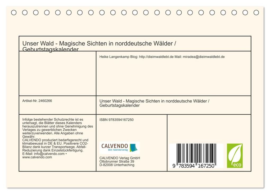 Weitere Ansicht: Unser Wald - Magische Sichten in norddeutsche Wälder / Geburtstagskalender (Tischkalender 2027 DIN A5 quer), CALVENDO Monatskalender | Heike Langenkamp, Calvendo
