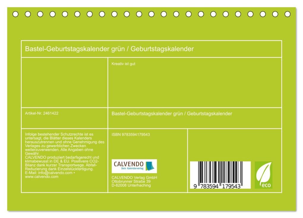 Weitere Ansicht: Bastel-Geburtstagskalender grün / Geburtstagskalender (Tischkalender 2027 DIN A5 quer), CALVENDO Monatskalender | Kreativ ist gut, Calvendo