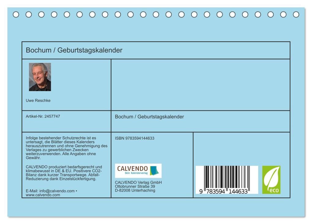 Weitere Ansicht: Bochum / Geburtstagskalender (Tischkalender 2027 DIN A5 quer), CALVENDO Monatskalender | Uwe Reschke, Calvendo