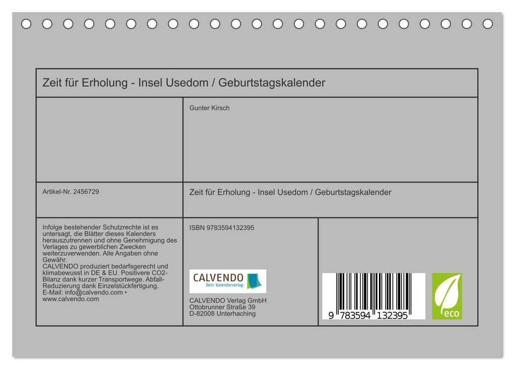 Weitere Ansicht: Zeit für Erholung - Insel Usedom / Geburtstagskalender (Tischkalender 2027 DIN A5 quer), CALVENDO Monatskalender | Gunter Kirsch, Calvendo