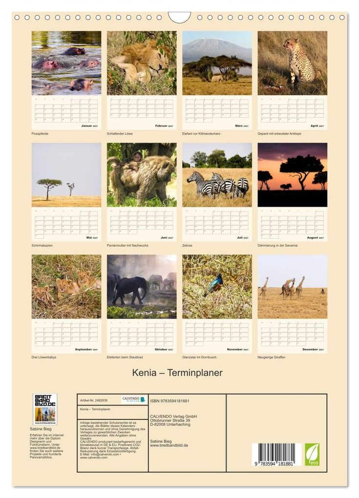 Weitere Ansicht: Kenia - Terminplaner (Wandkalender 2027 DIN A3 hoch), CALVENDO Monatskalender | Sabine Bieg, Calvendo