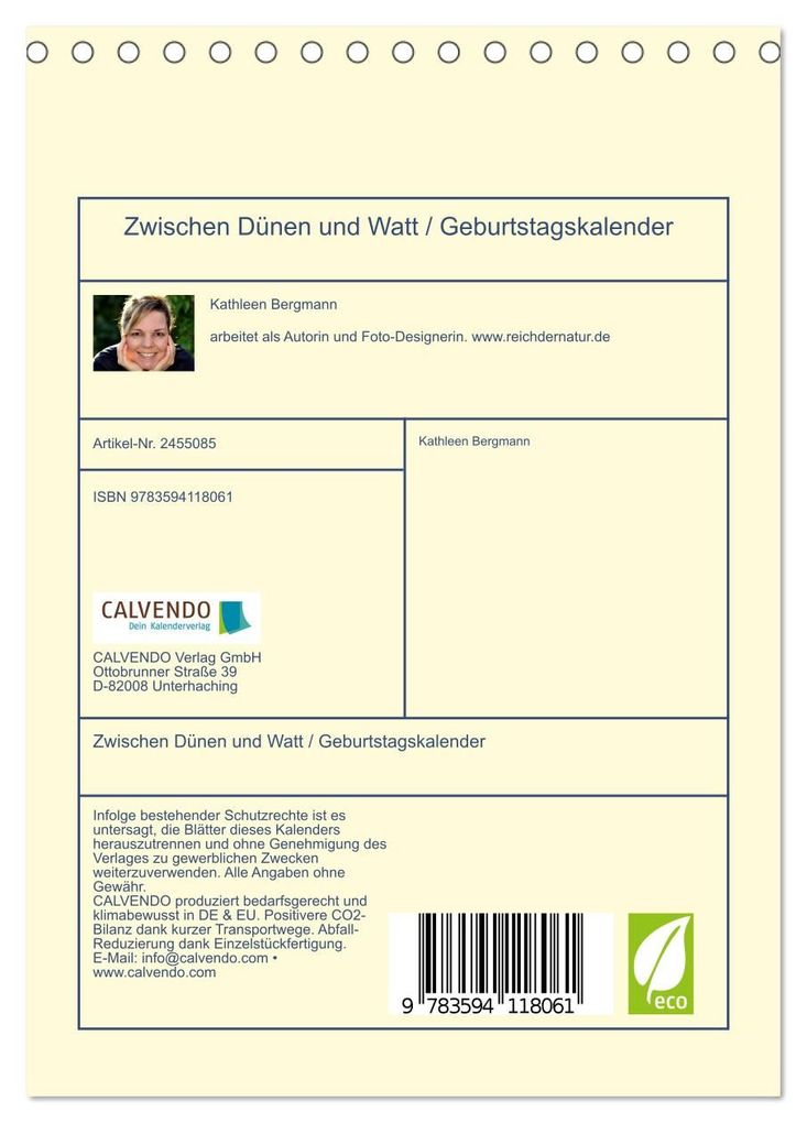 Weitere Ansicht: Zwischen Dünen und Watt / Geburtstagskalender (Tischkalender 2027 DIN A5 hoch), CALVENDO Monatskalender | Kathleen Bergmann, Calvendo