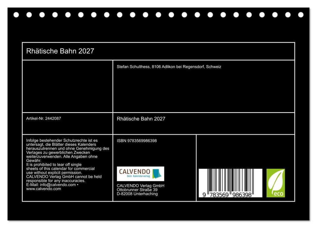 Weitere Ansicht: Rhätische Bahn 2027 (Tischkalender 2027 DIN A5 quer), CALVENDO Monatskalender | Stefan Schulthess, Calvendo