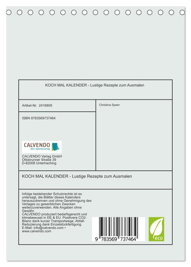 Weitere Ansicht: KOCH MAL KALENDER - Lustige Rezepte zum Ausmalen (Tischkalender 2027 DIN A5 hoch), CALVENDO Monatskalender | Christina Speer, Calvendo