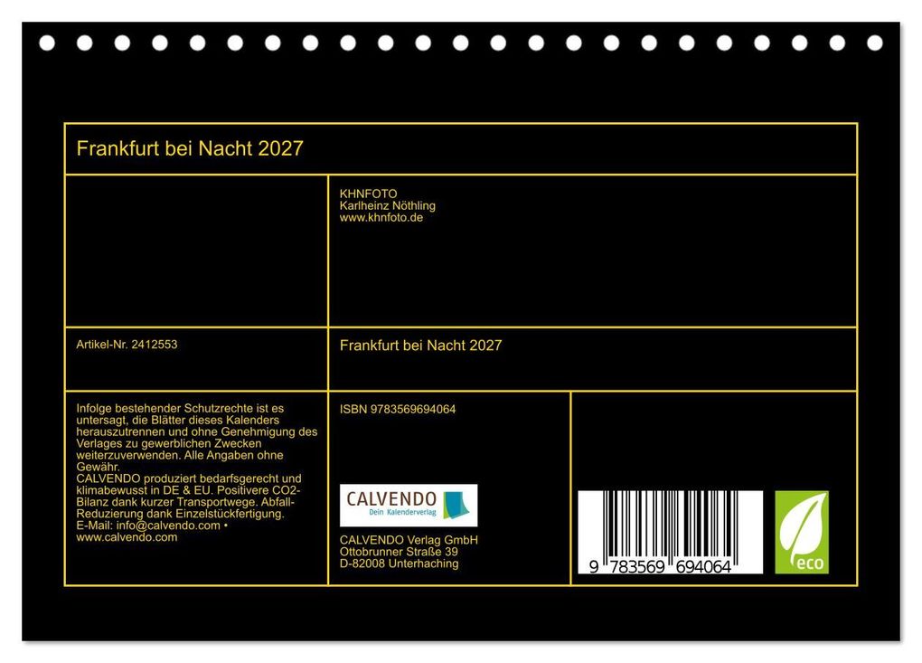 Weitere Ansicht: Frankfurt bei Nacht 2027 (Tischkalender 2027 DIN A5 quer), CALVENDO Monatskalender | Karlheinz Nöthling, Calvendo