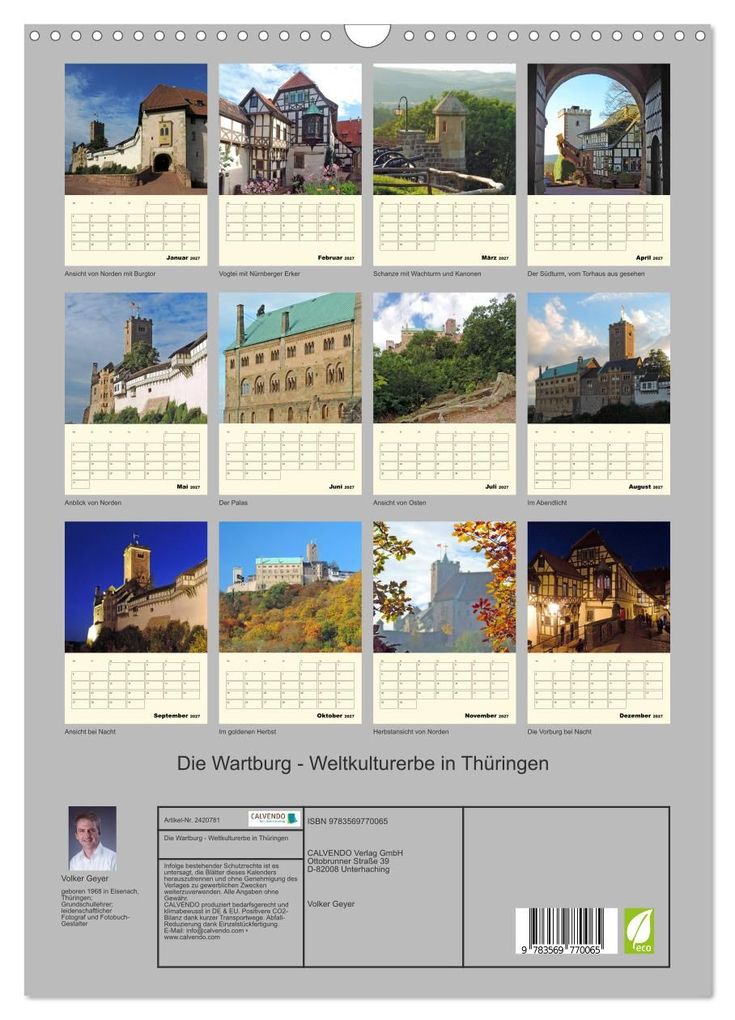 Weitere Ansicht: Die Wartburg - Weltkulturerbe in Thüringen (Wandkalender 2027 DIN A3 hoch), CALVENDO Monatskalender | Volker Geyer, Calvendo