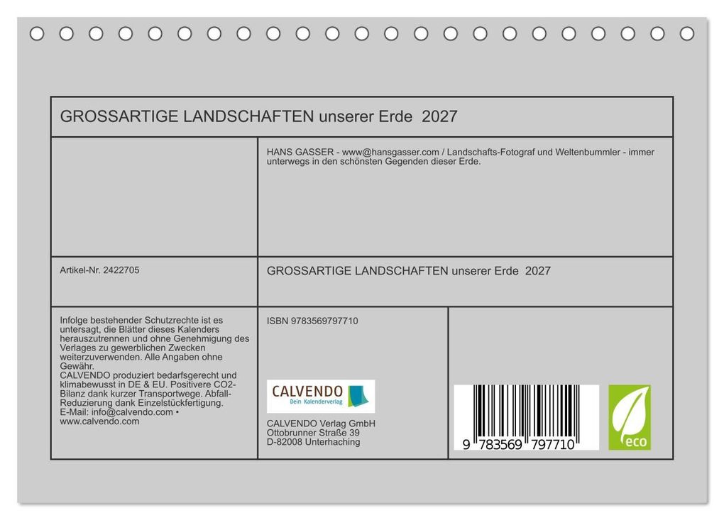 Weitere Ansicht: GROSSARTIGE LANDSCHAFTEN unserer Erde 2027 (Tischkalender 2027 DIN A5 quer), CALVENDO Monatskalender | Hans Gasser - www.hansgasser.com, Calvendo