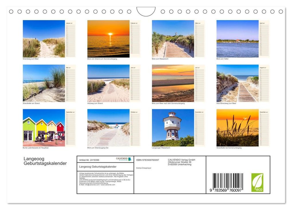 Weitere Ansicht: Langeoog Geburtstagskalender (Wandkalender 2027 DIN A4 quer), CALVENDO Monatskalender | Andrea Dreegmeyer, Calvendo