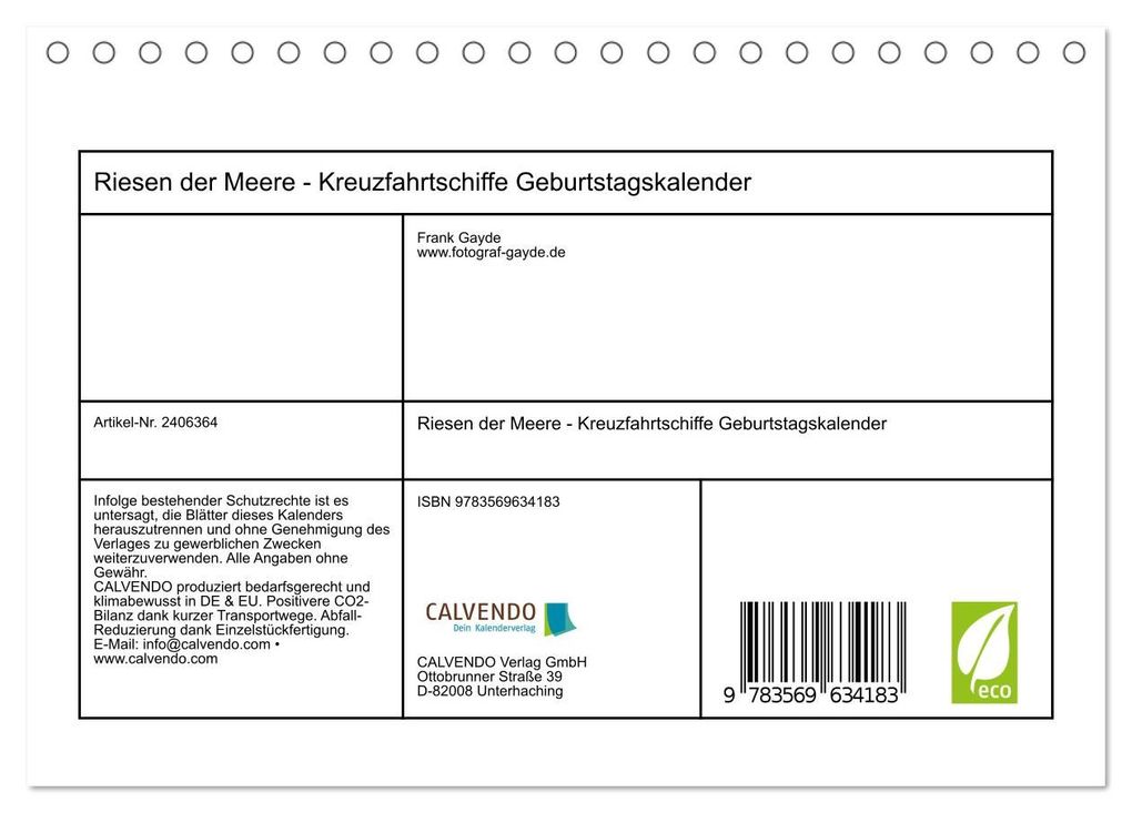 Weitere Ansicht: Riesen der Meere - Kreuzfahrtschiffe Geburtstagskalender (Tischkalender 2027 DIN A5 quer), CALVENDO Monatskalender | Frank Gayde, Calvendo