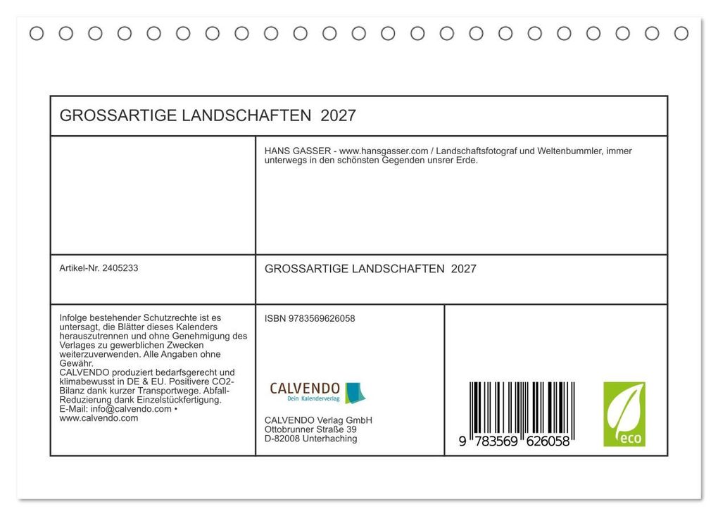 Weitere Ansicht: GROSSARTIGE LANDSCHAFTEN 2027 (Tischkalender 2027 DIN A5 quer), CALVENDO Monatskalender | Hans Gasser, Calvendo