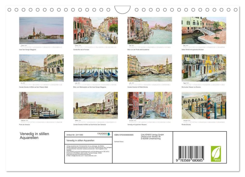 Weitere Ansicht: Venedig in stillen Aquarellen (Wandkalender 2027 DIN A4 quer), CALVENDO Monatskalender | Gerhard Kraus, Calvendo