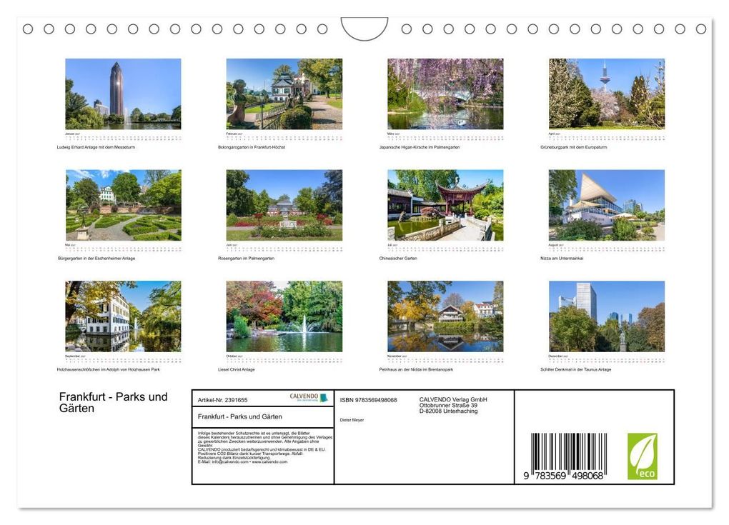 Weitere Ansicht: Frankfurt - Parks und Gärten (Wandkalender 2027 DIN A4 quer), CALVENDO Monatskalender | Dieter Meyer, Calvendo