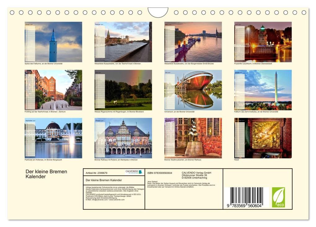 Weitere Ansicht: Der kleine Bremen Kalender (Wandkalender 2027 DIN A4 quer), CALVENDO Monatskalender | Jens Siebert, Calvendo