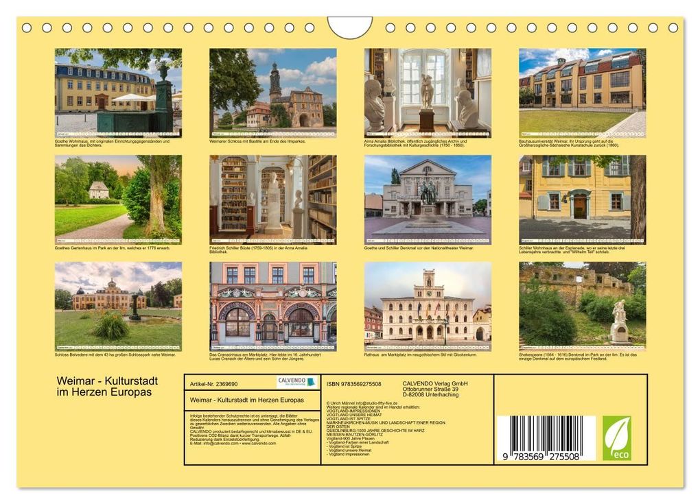 Weitere Ansicht: Weimar - Kulturstadt im Herzen Europas (Wandkalender 2027 DIN A4 quer), CALVENDO Monatskalender | Ulrich Männel, Calvendo