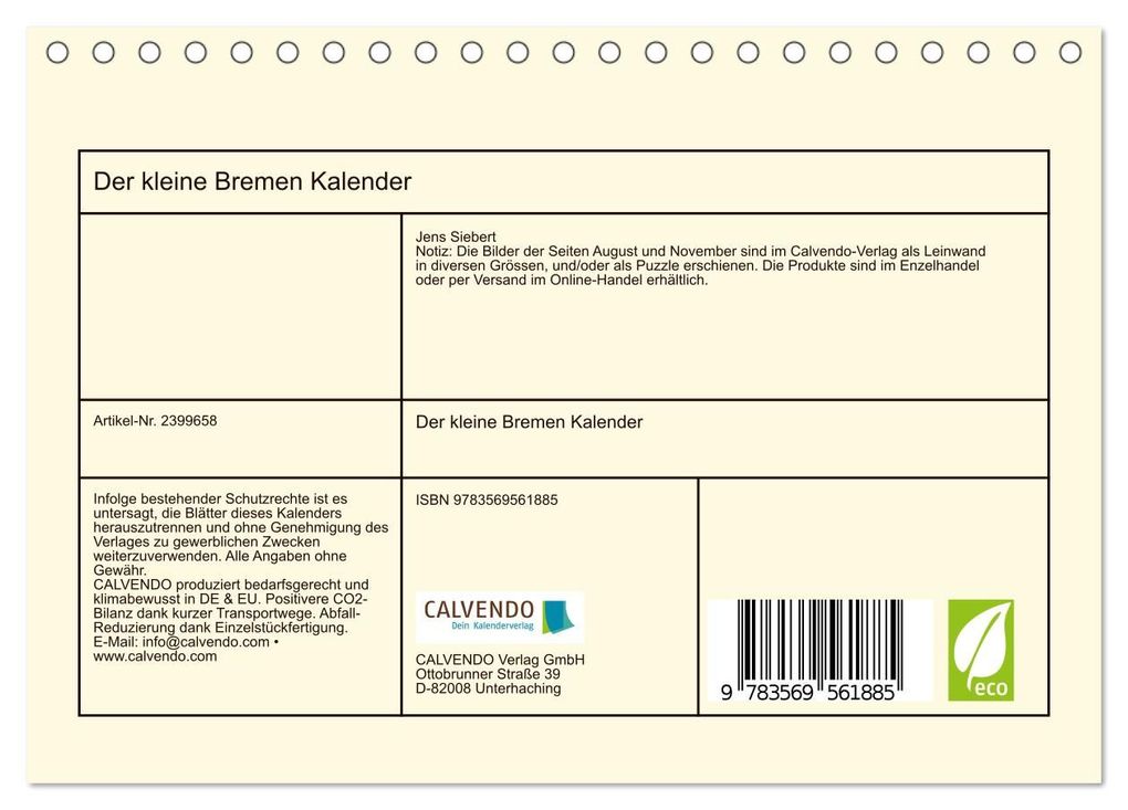 Weitere Ansicht: Der kleine Bremen Kalender (Tischkalender 2027 DIN A5 quer), CALVENDO Monatskalender | Jens Siebert, Calvendo
