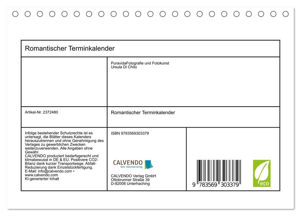 Weitere Ansicht: Romantischer Terminkalender (Tischkalender 2027 DIN A5 quer), CALVENDO Monatskalender | Ursula Di Chito, Calvendo