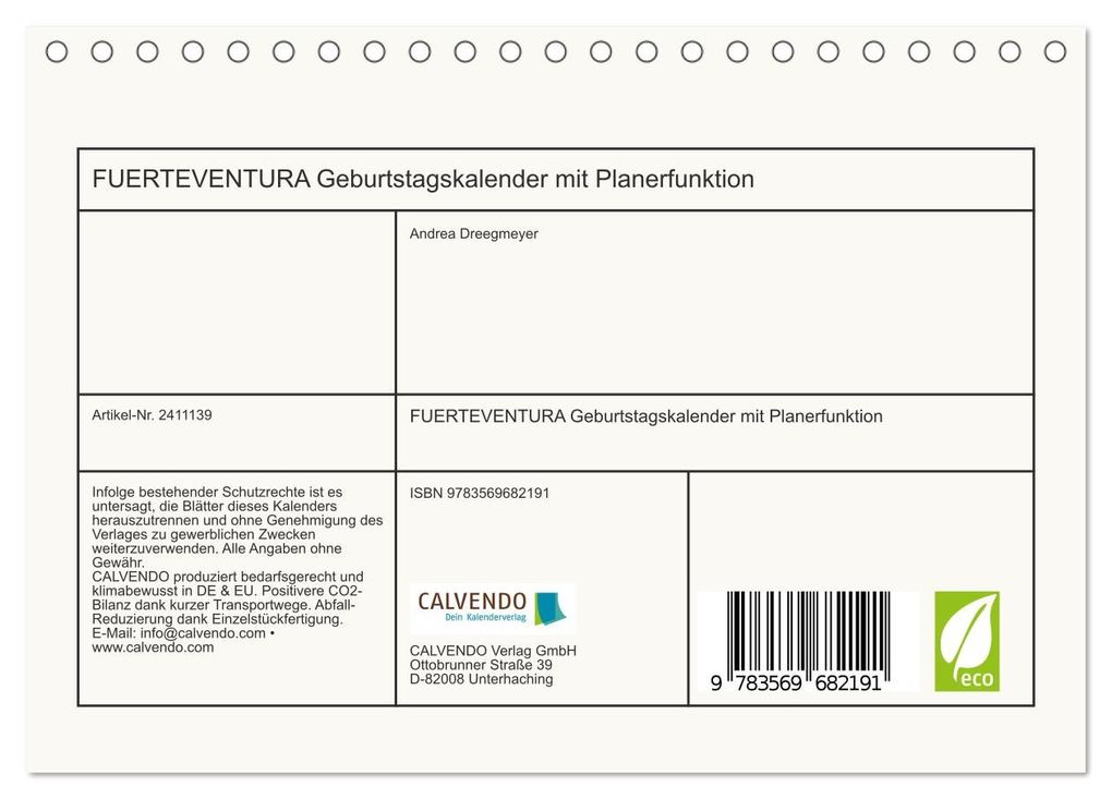 Weitere Ansicht: FUERTEVENTURA Geburtstagskalender mit Planerfunktion (Tischkalender 2027 DIN A5 quer), CALVENDO Monatskalender | Andrea Dreegmeyer, Calvendo