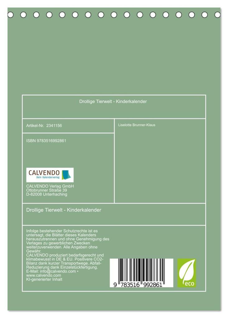 Weitere Ansicht: Drollige Tierwelt - Kinderkalender (Tischkalender 2027 DIN A5 hoch), CALVENDO Monatskalender | Liselotte Brunner-Klaus, Calvendo