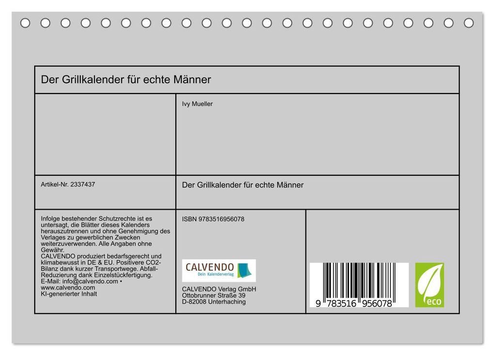Weitere Ansicht: Der Grillkalender für echte Männer (Tischkalender 2027 DIN A5 quer), CALVENDO Monatskalender | Ivy Mueller, Calvendo