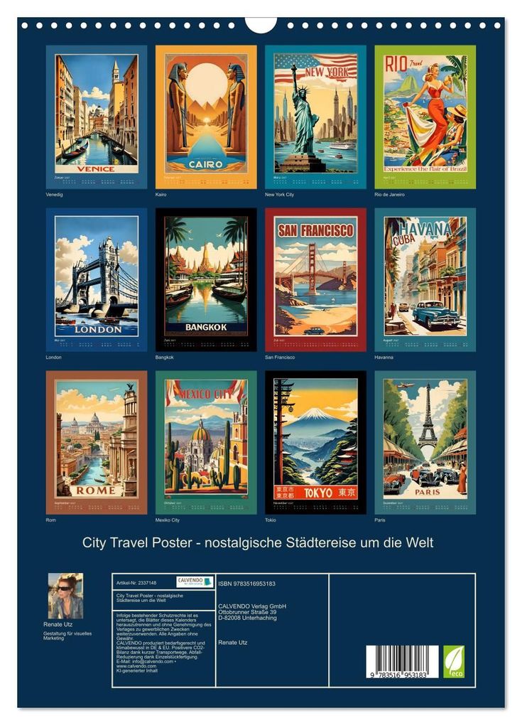 Weitere Ansicht: City Travel Poster - nostalgische Städtereise um die Welt (Wandkalender 2027 DIN A3 hoch), CALVENDO Monatskalender | Renate Utz, Calvendo