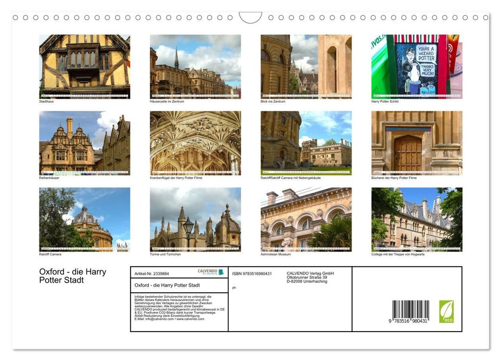 Weitere Ansicht: Oxford - die Harry Potter Stadt (Wandkalender 2027 DIN A3 quer), CALVENDO Monatskalender | Calvendo, ph