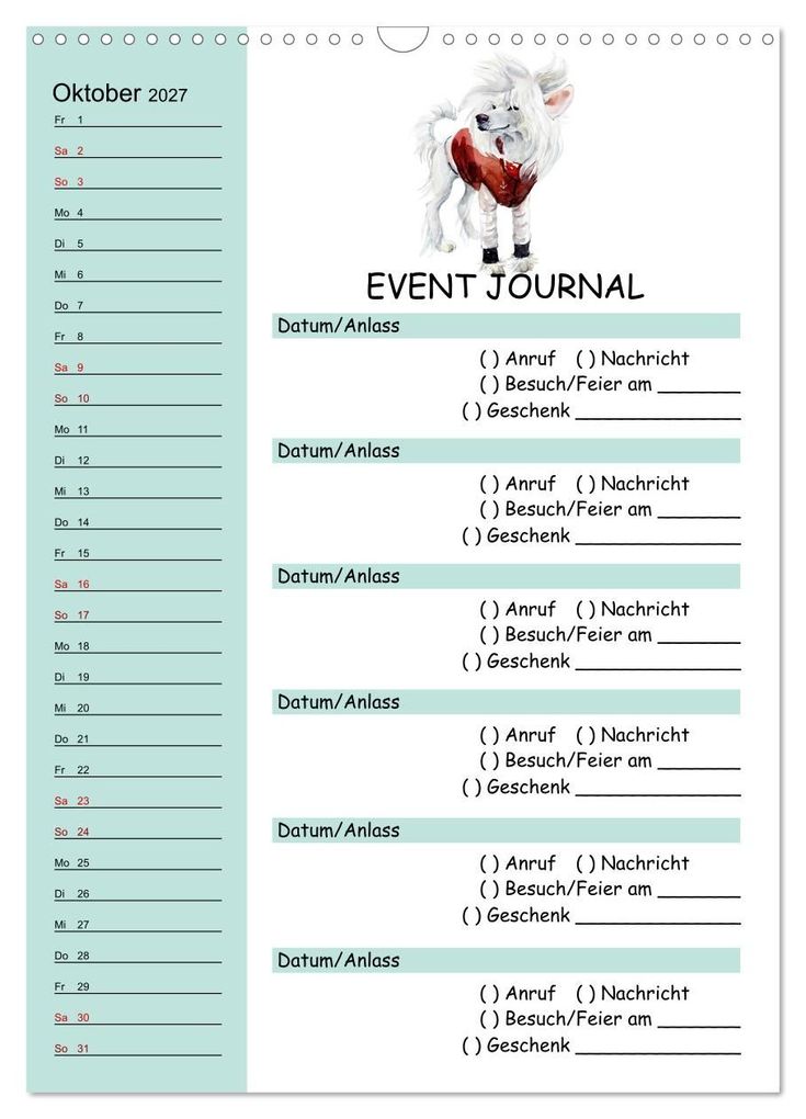 Weitere Ansicht: B-DAY PLANER - Aquarell Hunderassen - Für Termine, Geschenke, Eventdetails & mehr (Wandkalender 2027 DIN A3 hoch), CALVENDO Monatskalender | MD-Publishing, Calvendo
