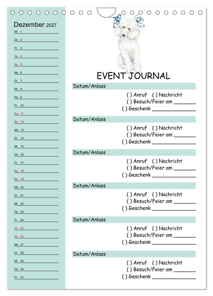 Weitere Ansicht: B-DAY PLANER - Aquarell Hunderassen - Für Termine, Geschenke, Eventdetails & mehr (Wandkalender 2027 DIN A4 hoch), CALVENDO Monatskalender | MD-Publishing, Calvendo