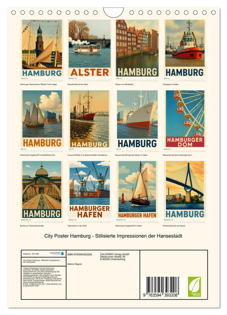 Weitere Ansicht: City Poster Hamburg - Stilisierte Impressionen der Hansestadt (Wandkalender 2027 DIN A4 hoch), CALVENDO Monatskalender | Sabine Wagner, Calvendo