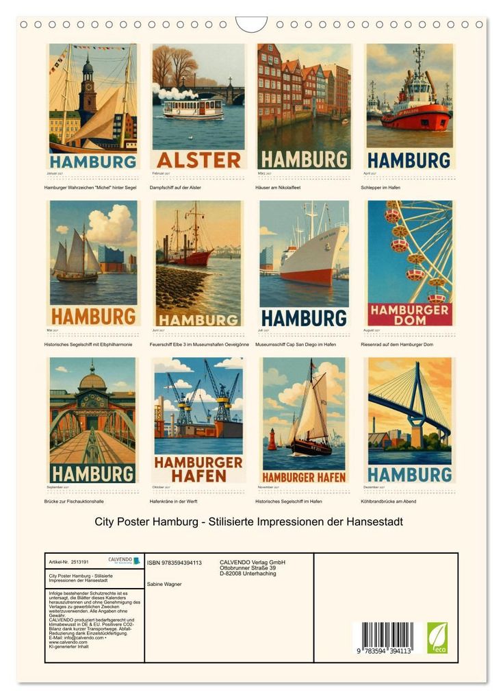 Weitere Ansicht: City Poster Hamburg - Stilisierte Impressionen der Hansestadt (Wandkalender 2027 DIN A3 hoch), CALVENDO Monatskalender | Sabine Wagner, Calvendo