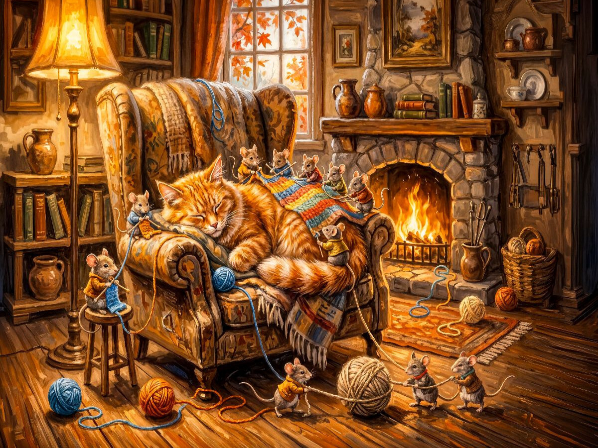 Weitere Ansicht: CALVENDO Puzzle Katze schläft im Ohrensessel während Mäuse eine warme Decke stricken | 1000 Teile Lege-Größe 64 × 48 cm Foto-Puzzle für glückliche Stunden | Calvendo