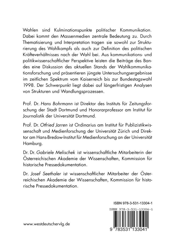 Weitere Ansicht: Wahlen und Politikvermittlung durch Massenmedien | Hans Bohrmann, Otfried Jarren, Gabriele Melischek