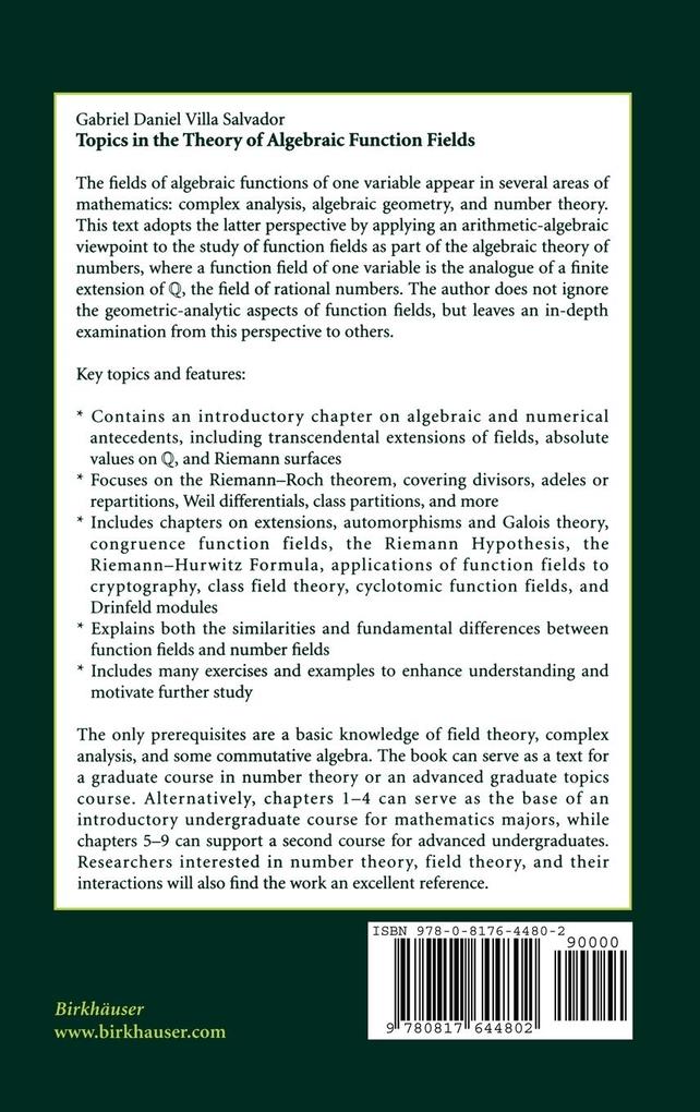 Weitere Ansicht: Topics in the Theory of Algebraic Function Fields | Gabriel Daniel Villa Salvador