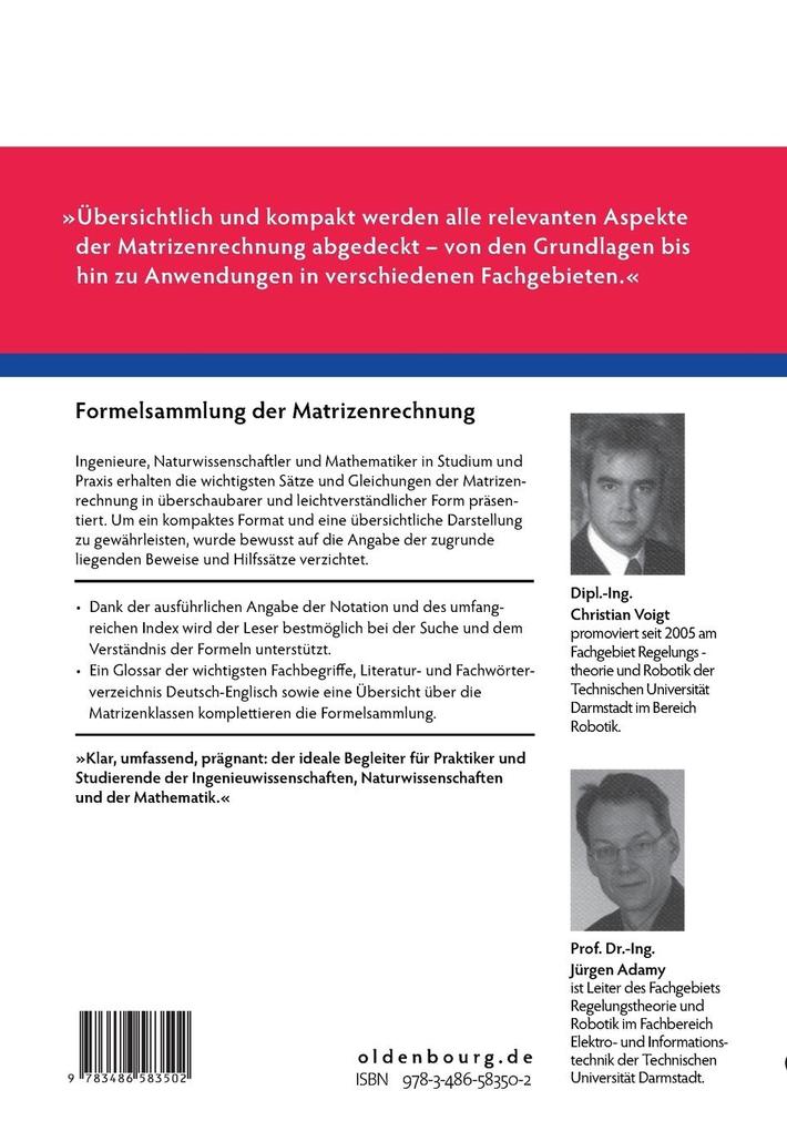Weitere Ansicht: Formelsammlung der Matrizenrechnung | Jürgen Adamy, Christian Voigt