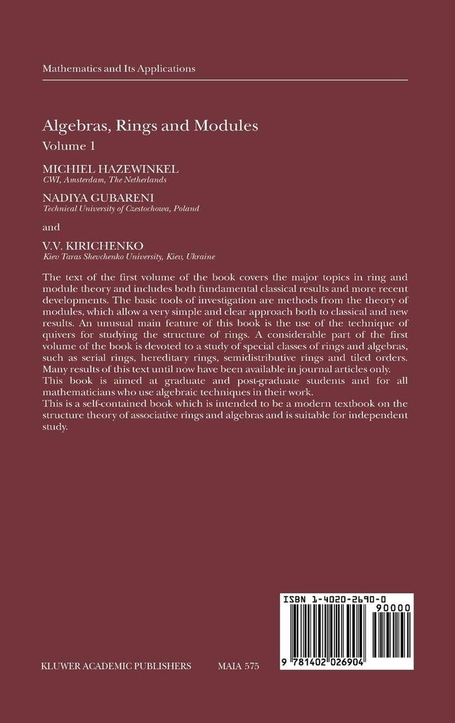 Weitere Ansicht: Algebras, Rings and Modules | Nadiya Gubareni, Michiel Hazewinkel, V. V. Kirichenko